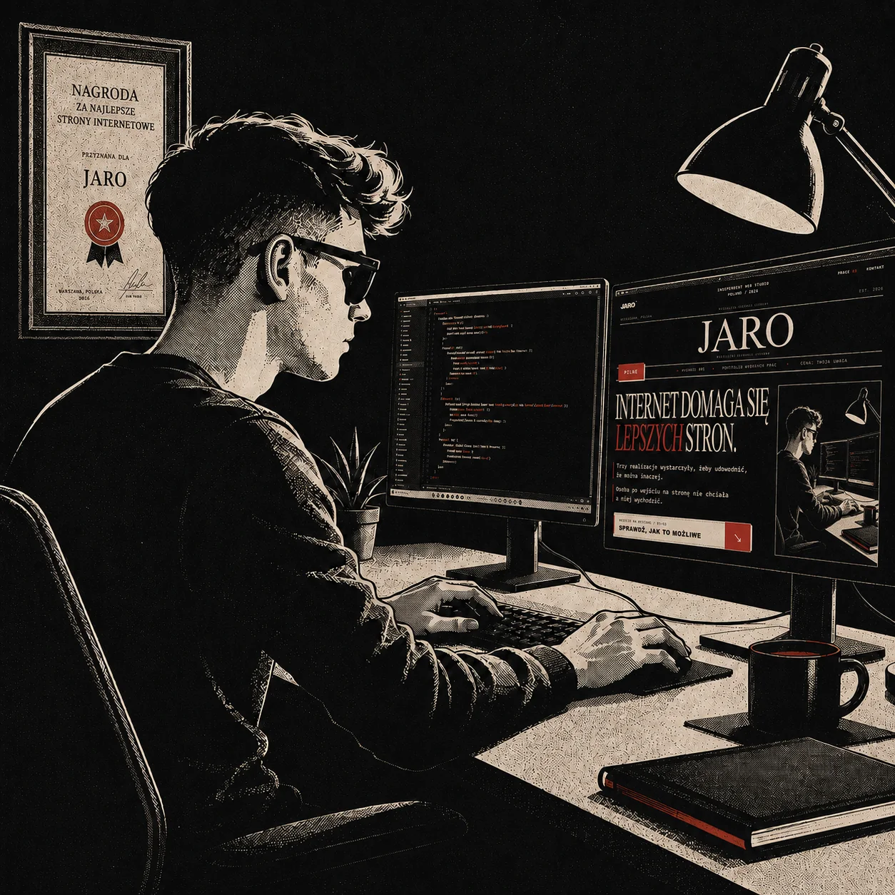 Jaro pracujący przy stanowisku komputerowym